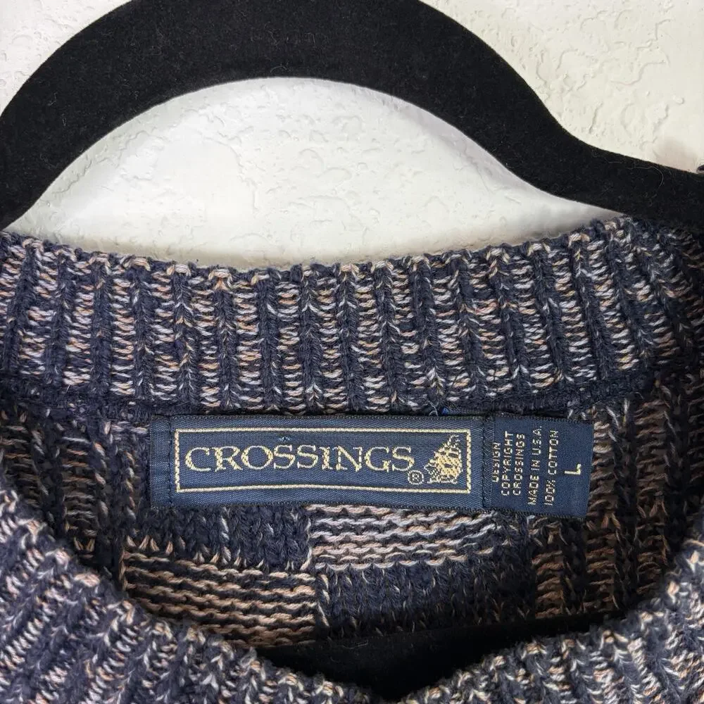 Crossings Vintage Knitted 100% Cotton Men’s Sweater Size L Checkered Made USA